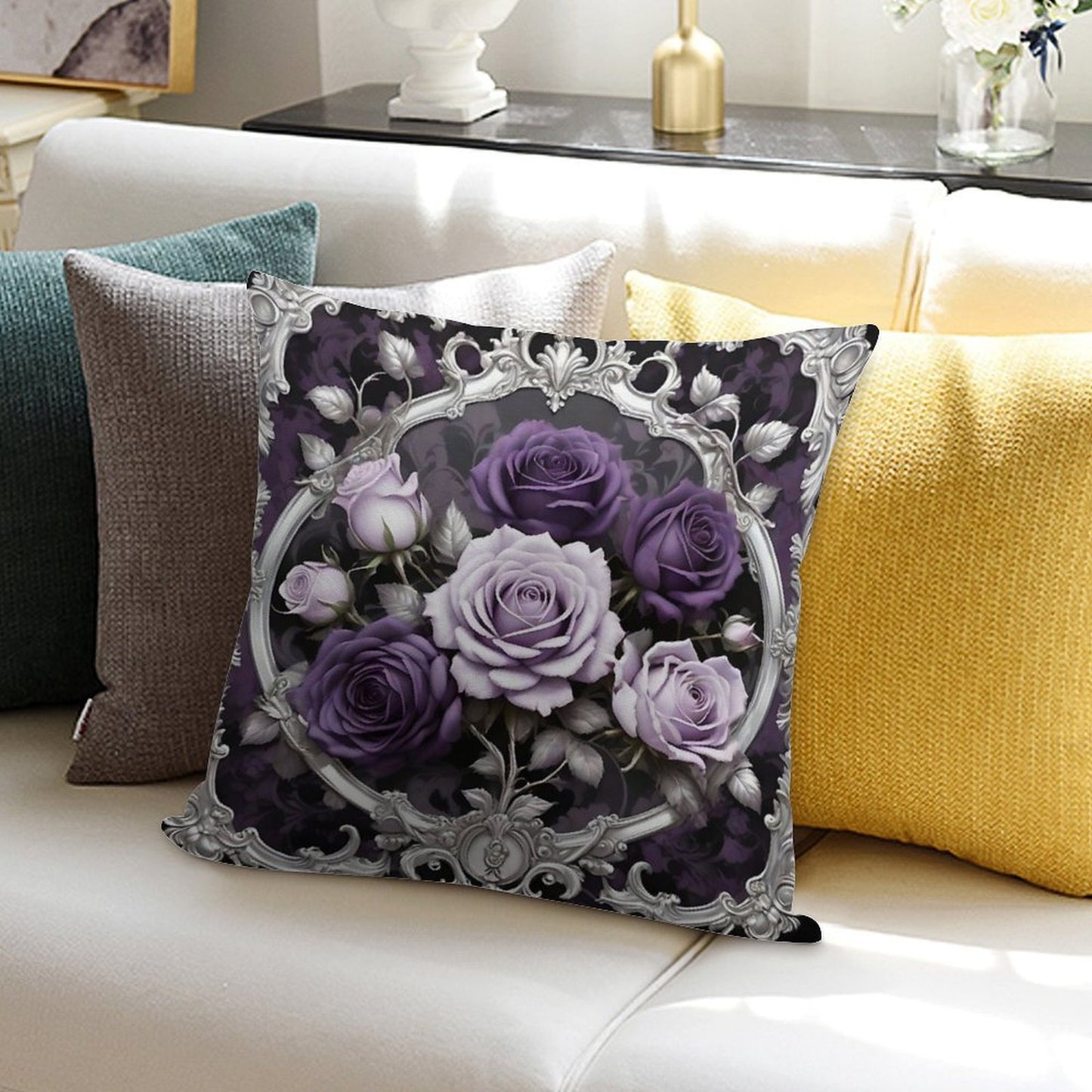 Matte Lilac & Purple Roses With Silver Rococo Soft Shrink-Resistant Throw Pillow
