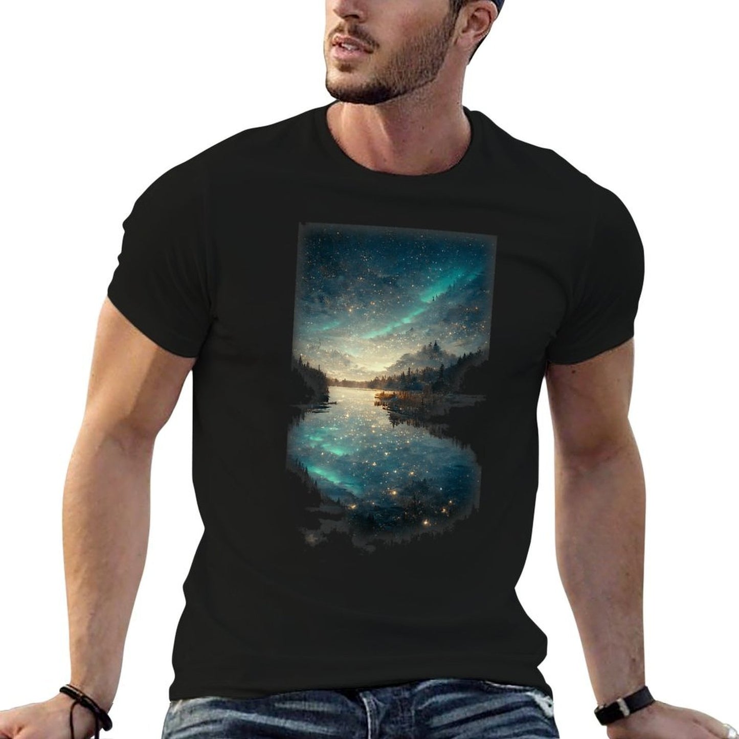 Beautiful Landscape Lake Starry A Night Northern Lights  Trendy Pattern T-Shirt