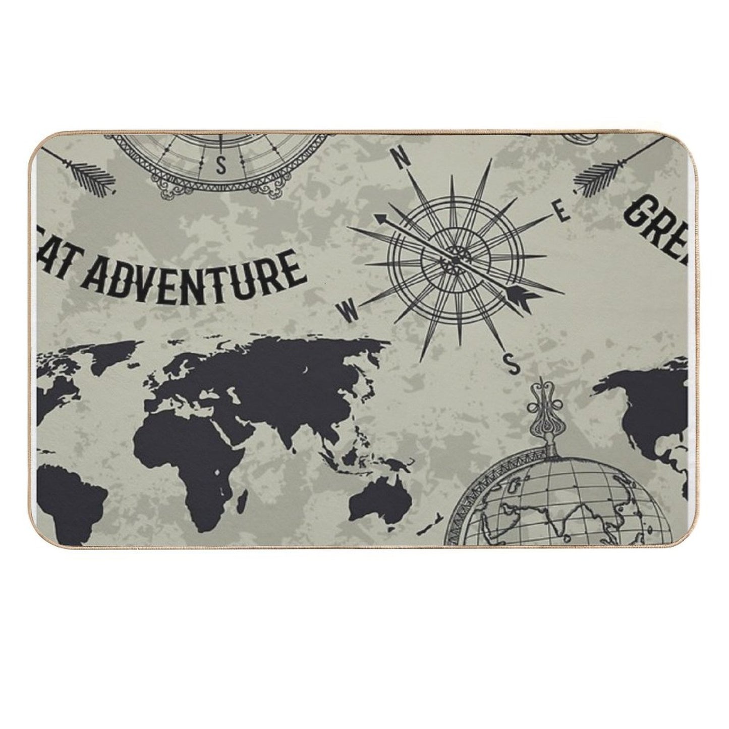 Seamless Pattern with Vintage Globe, Compass, World Map And Wind Rose. Retro Hand Drawn Vector Illustration Great Adventure in  Eco-Friendly Bath Mat