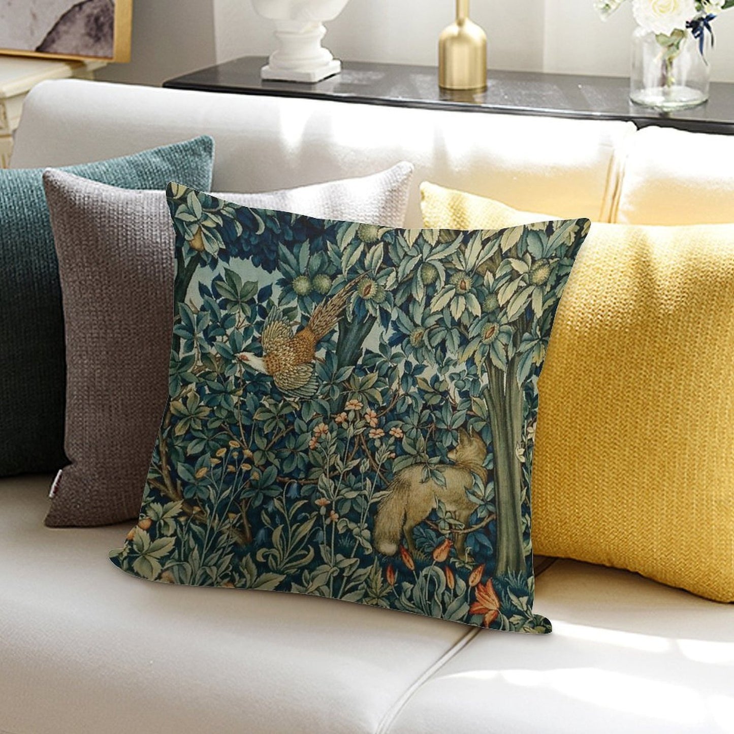 GREENERY, FOREST ANIMALS Pheasant And Fox Blue Green Floral Tapestry Soft Durable Construction Throw Pillow