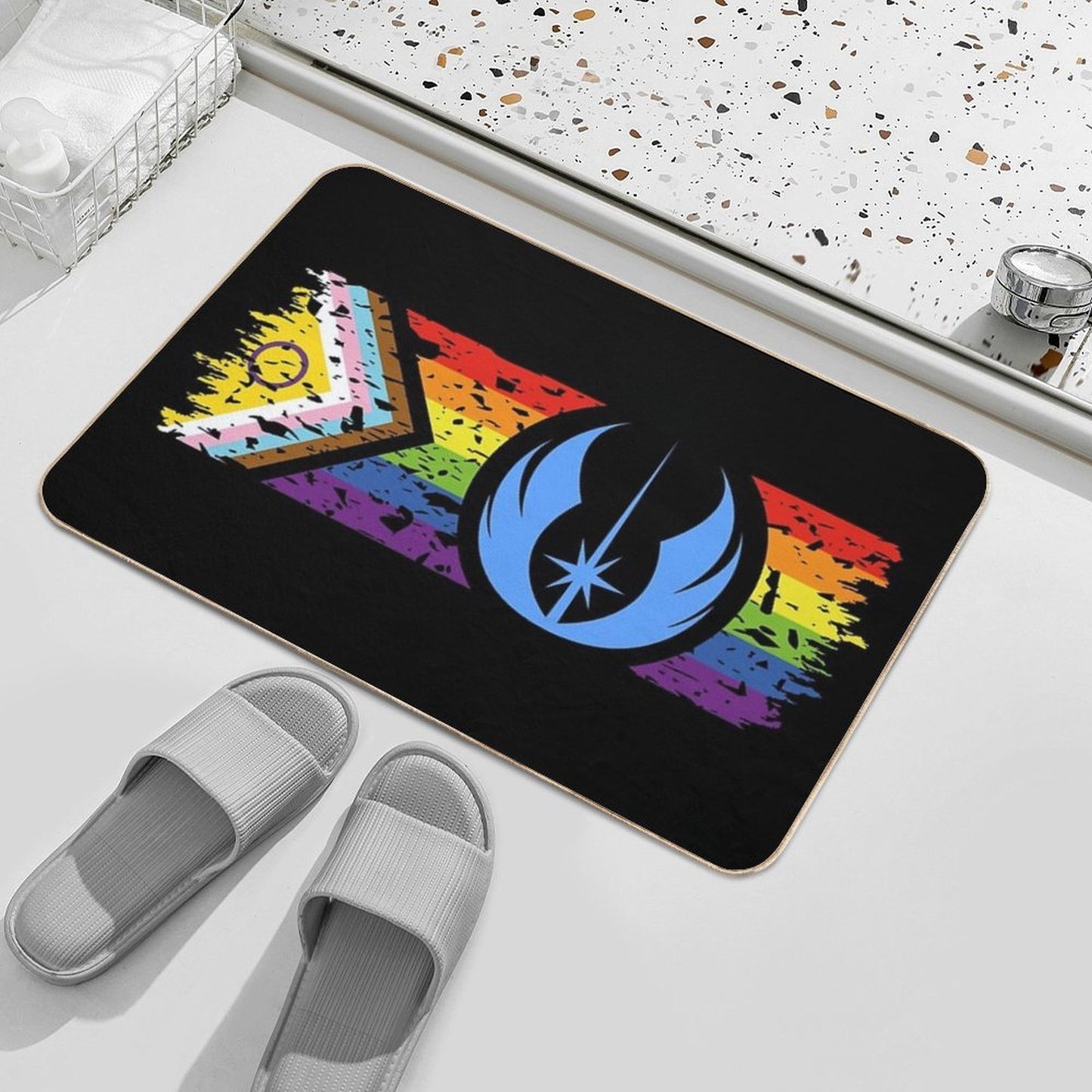 Star Pride - Jedi on Distressed Inclusive Progress Pride Flag (Dark)  Absorbent Bath Mat