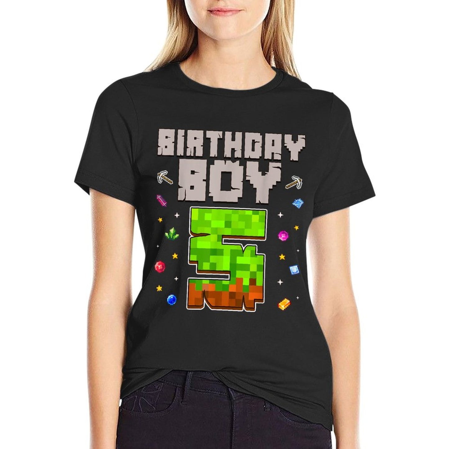 Birthday Boy 5 Kids Pixel Number 5th Birthday Party  Summer-ready Fabric T-Shirt