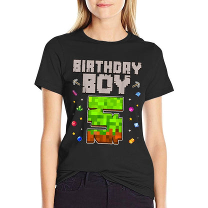 Birthday Boy 5 Kids Pixel Number 5th Birthday Party  Summer-ready Fabric T-Shirt