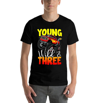 Kids Young Wild Three 3rd Birthday Boy Monster Truck 3 Years Old  Ribbed Collar T-Shirt