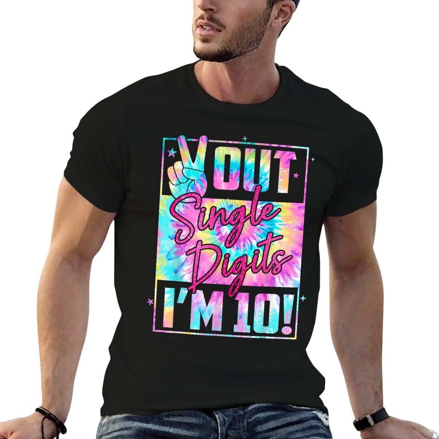 Peace Out Single Digits I'm 10 Tie Dye Birthday Girl  Ribbed Collar T-Shirt