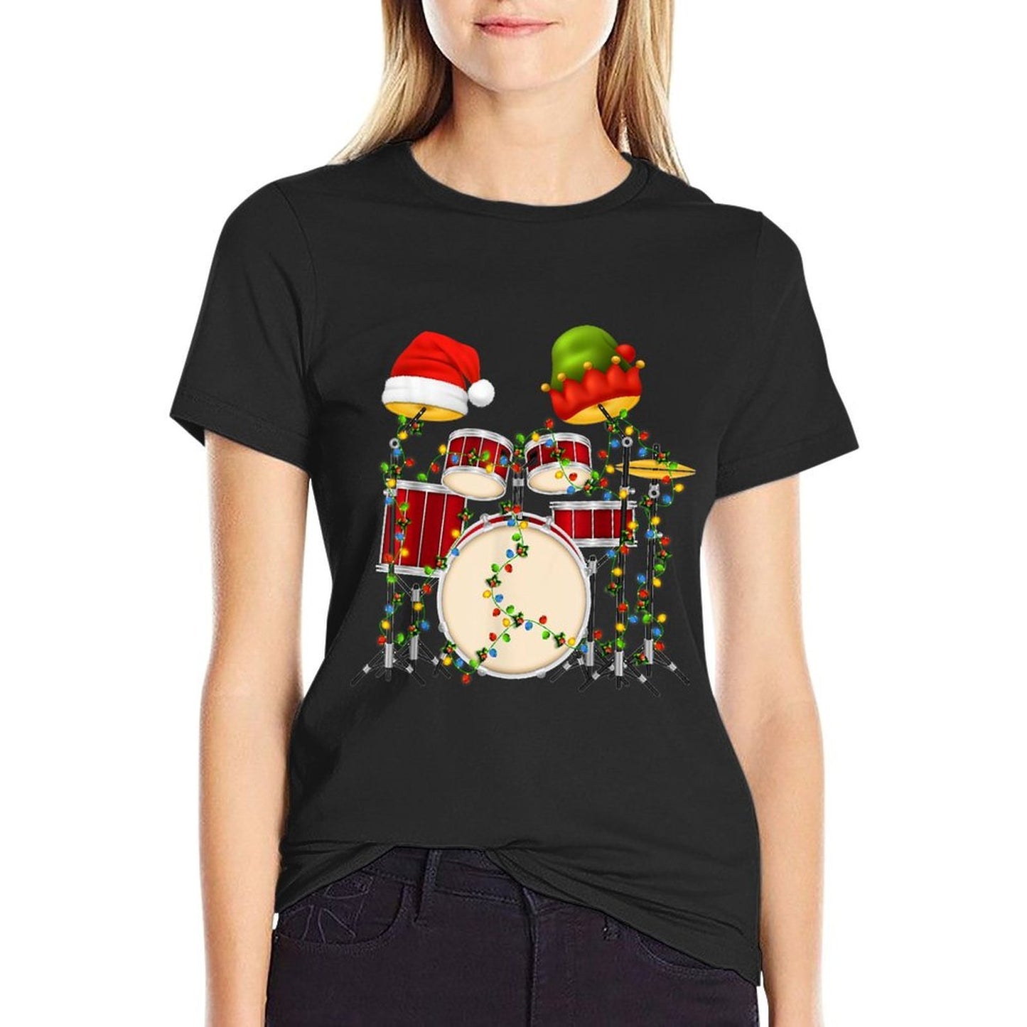 Funny Drumming Santa Hat Drums Funny Drummer Christmas  Polyester Blend T-Shirt