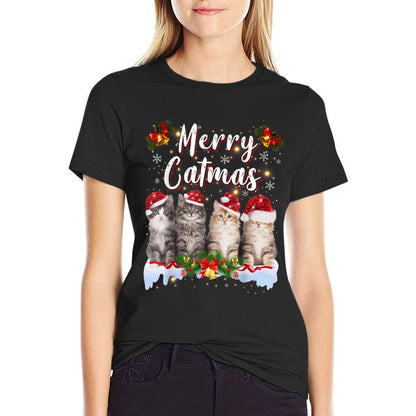 Cat Christmas Santa Hat Funny Merry Catmas Meowy Men Women  High-quality Stitching T-Shirt