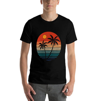 Summer Vacation Men Women Retro Sunset Beach Palms Tree  Heathered Texture T-Shirt