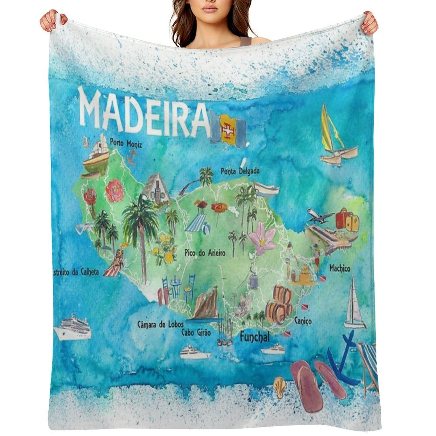 Madeira Portugal Island Illustrated Map with Landmarks And Highlights Anti-pilling Throw Blanket