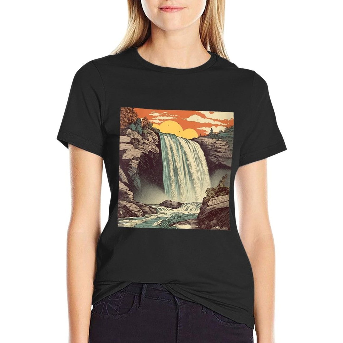 Womens Waterfall Vintage Landscape Graphic  Trendy Pattern T-Shirt