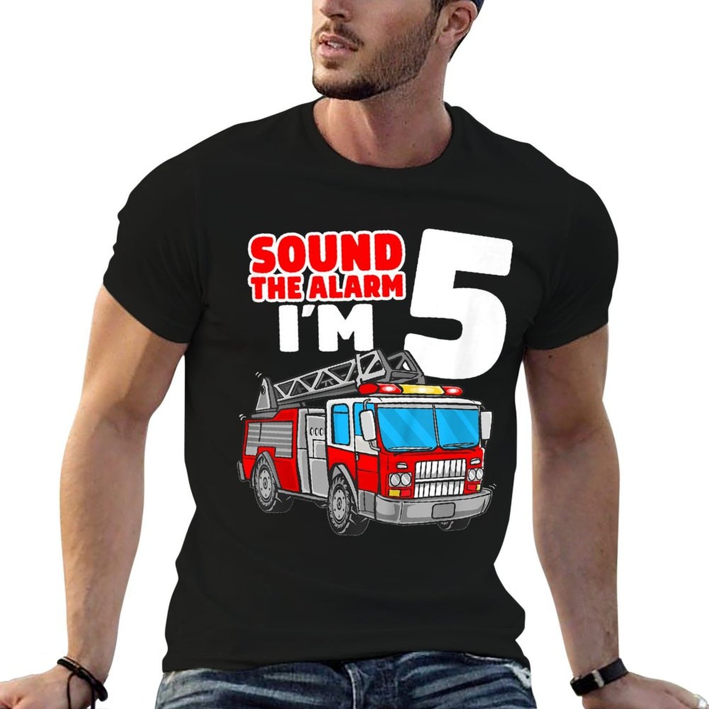 Kids Fire Truck 5 Year Old Firefighter Five 5th Birthday Boy  Relaxed-fit T-Shirt