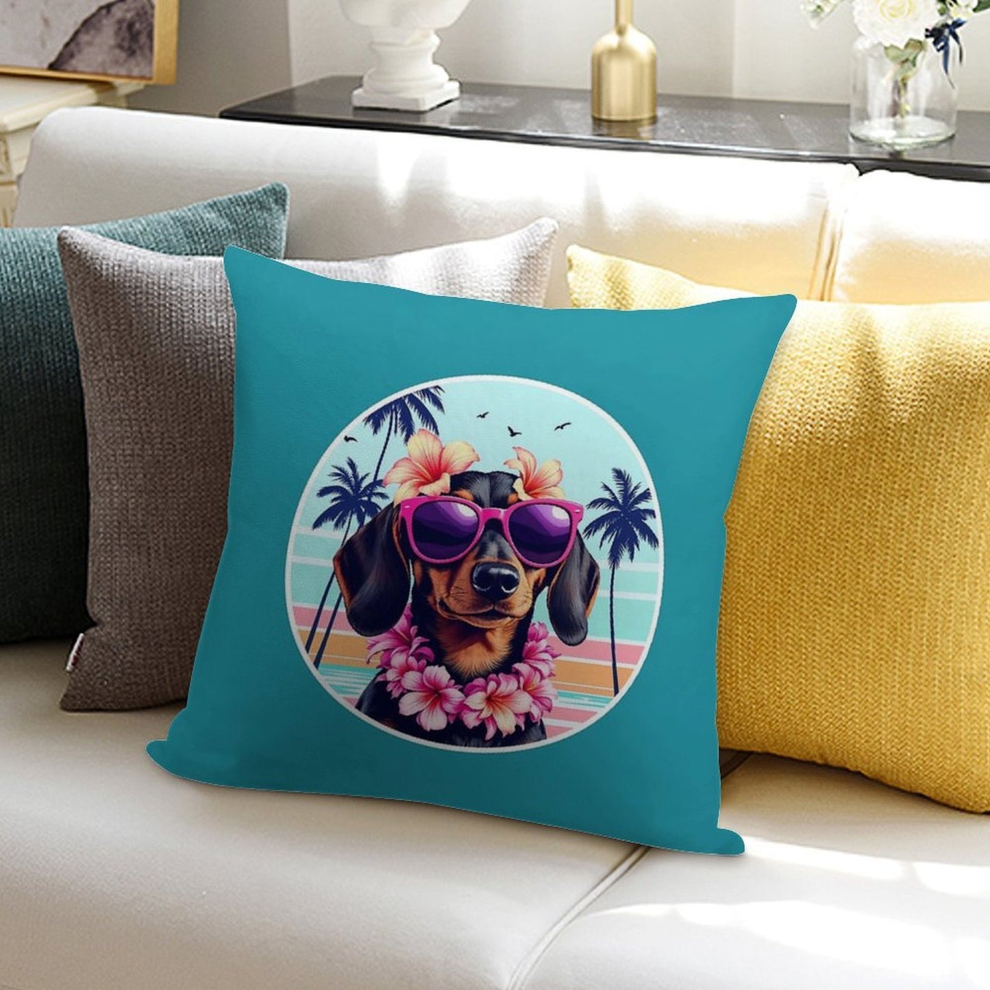 Hawaiian Dachshund Dog Retro Summer Vibes Soft Multiple Sizes Throw Pillow