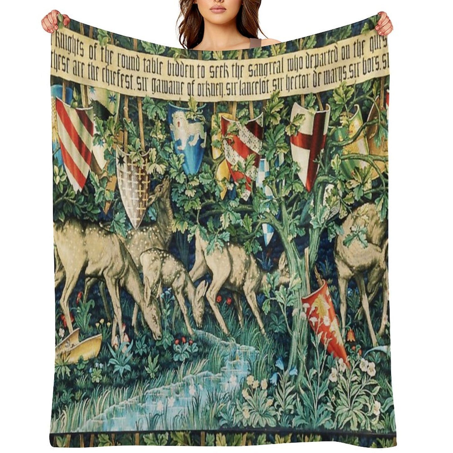 Holy Grail Tapestry,Verdure with Deers,and Shields in Green Floral Wrinkle-free Throw Blanket