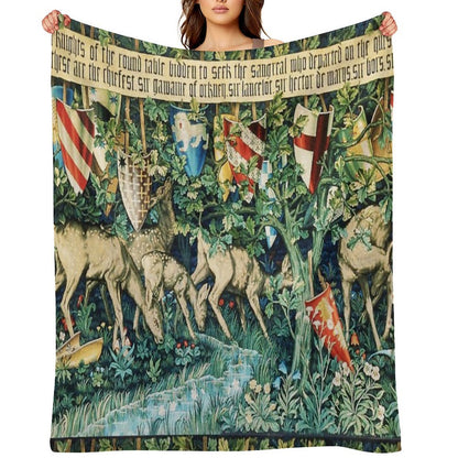 Holy Grail Tapestry,Verdure with Deers,and Shields in Green Floral Wrinkle-free Throw Blanket