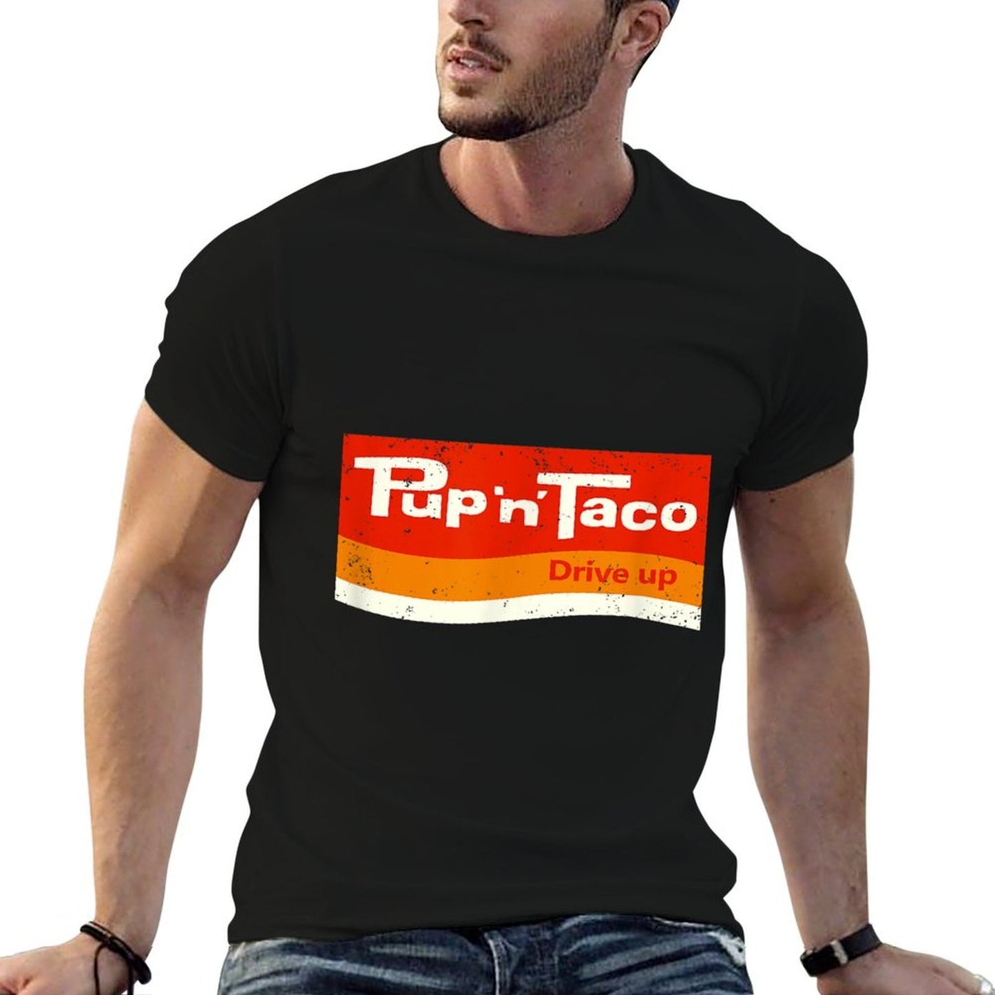 Pup N Taco Retro 70s  80s Old School Fast Food Graphic  Durable T-Shirt