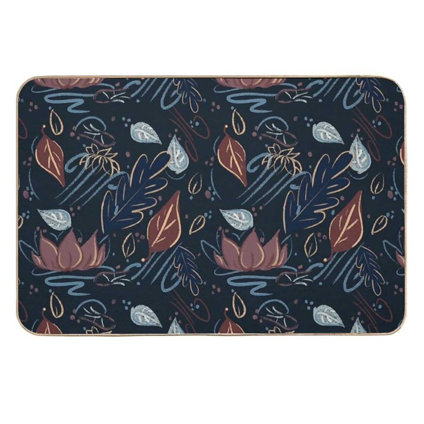 Leaves And Lotus Flower in Blue Blush And Brown (navy)  Absorbent Bath Mat