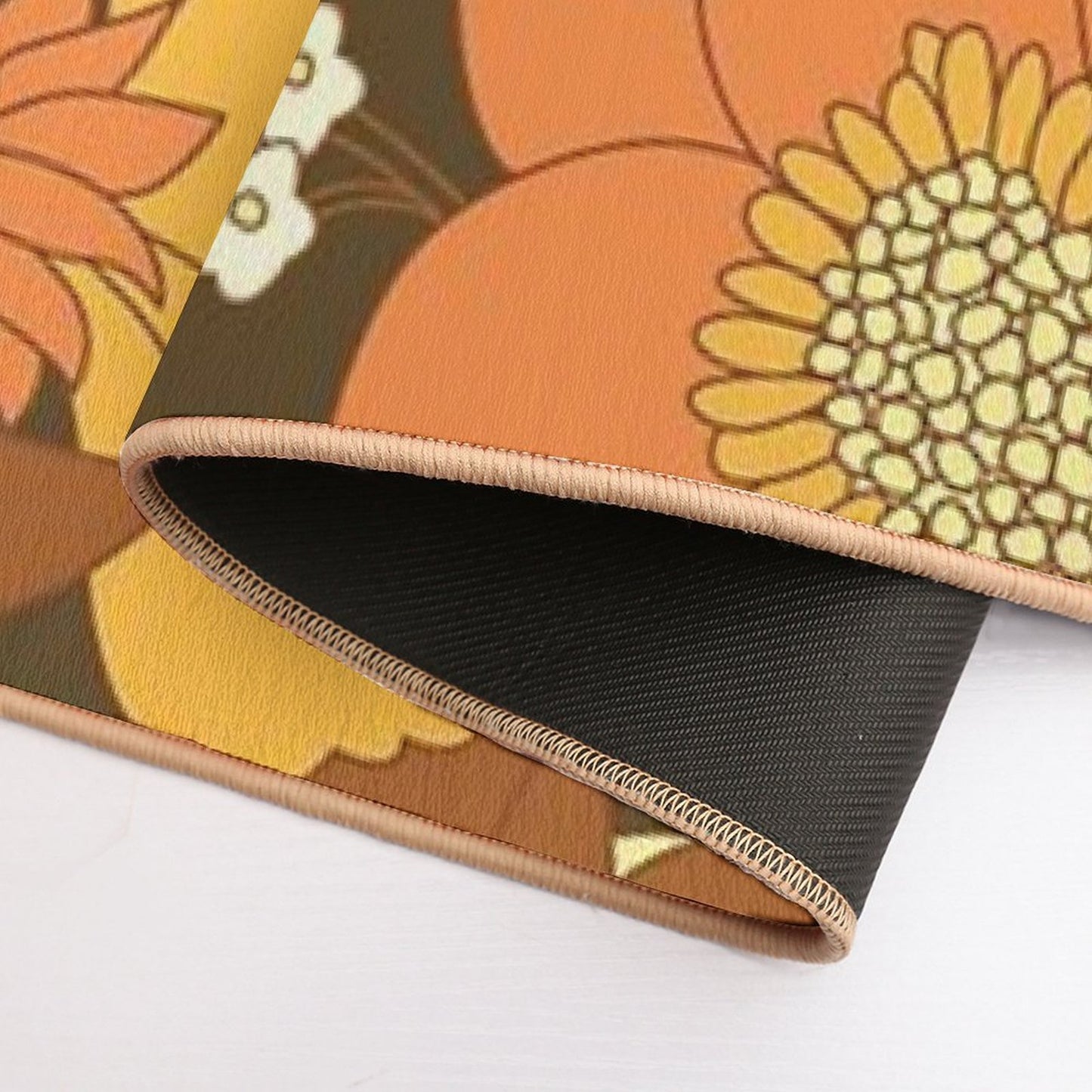 Brown, Yellow, Orange & Ivory Retro Flowers Durable Bath Mat