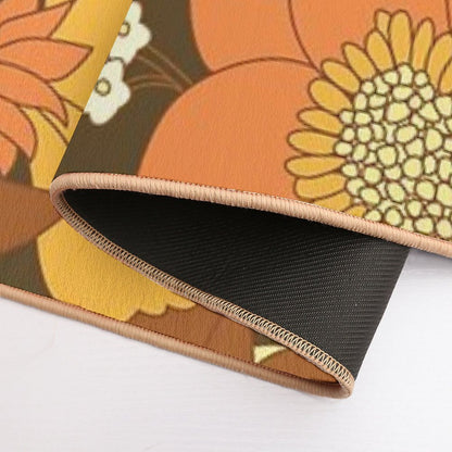 Brown, Yellow, Orange & Ivory Retro Flowers Durable Bath Mat