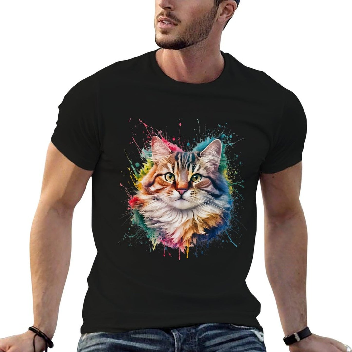Cat Men Woman Colorful Watercolor Cat  Affordable Price T-Shirt