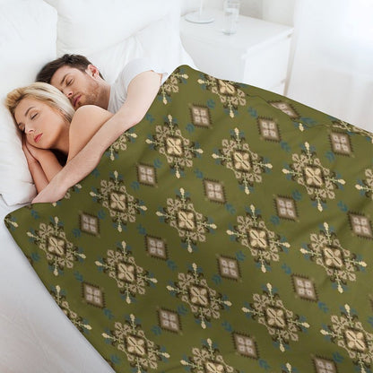 Traditional Ethnic Textile Pattern in Green And Brown Easy Care Throw Blanket