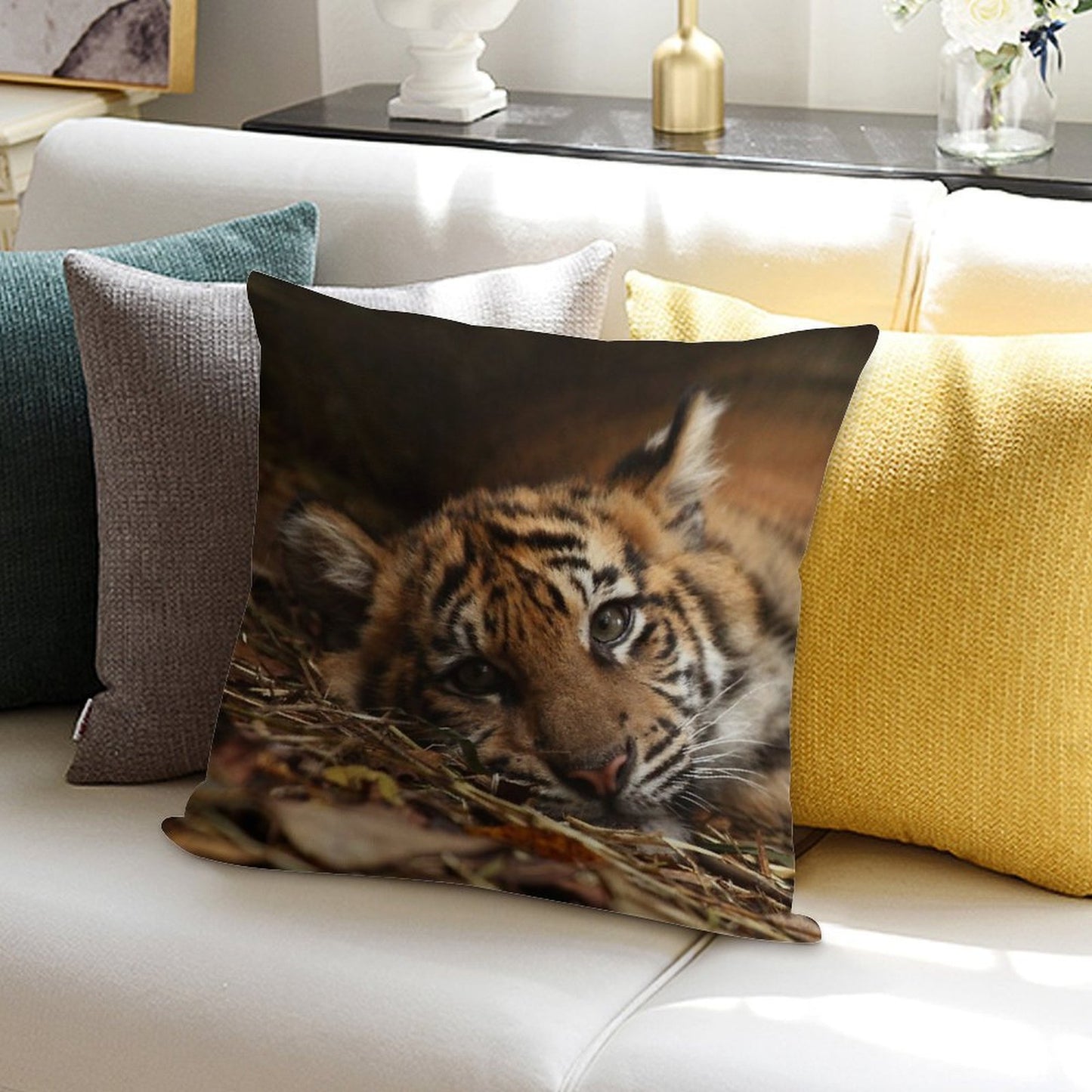 Baby Tiger - Model Soft Short Plush Fabric Throw Pillow