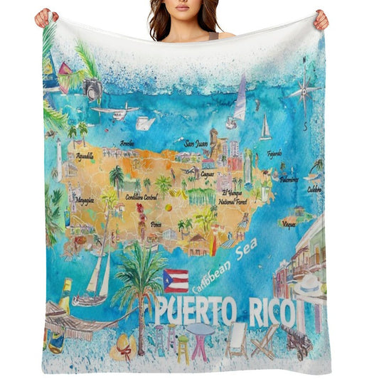 Puerto Rico Islands Illustrated Travel Map with Roads And Highlights Shrink-resistant Throw Blanket