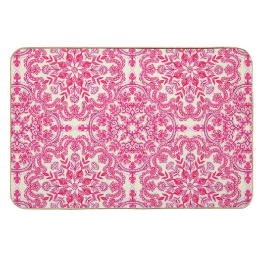 Hot Pink & Soft Cream Folk Art Pattern  Rapid-Drying Bath Mat