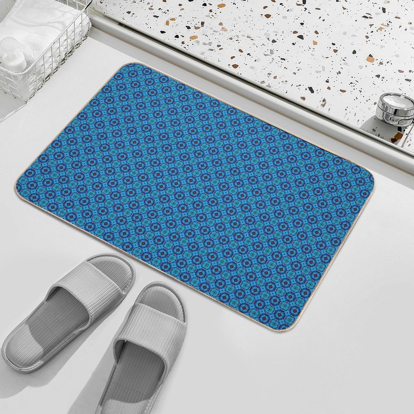 Blue Petal Medallions  Stain-Proof Bath Mat