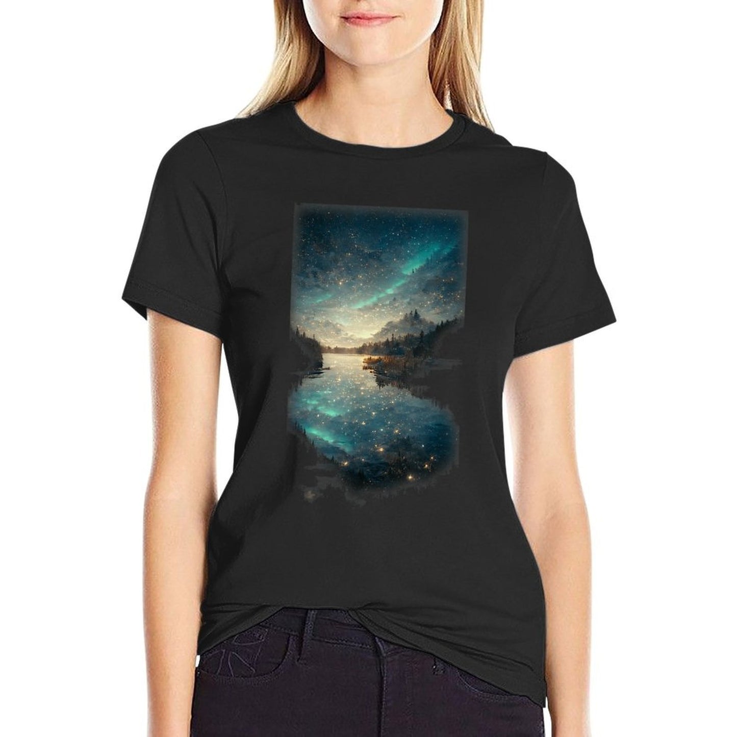Beautiful Landscape Lake Starry A Night Northern Lights  Trendy Pattern T-Shirt