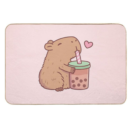 Cute Capybara Loves Bubble Tea  Anti-Trip Bath Mat