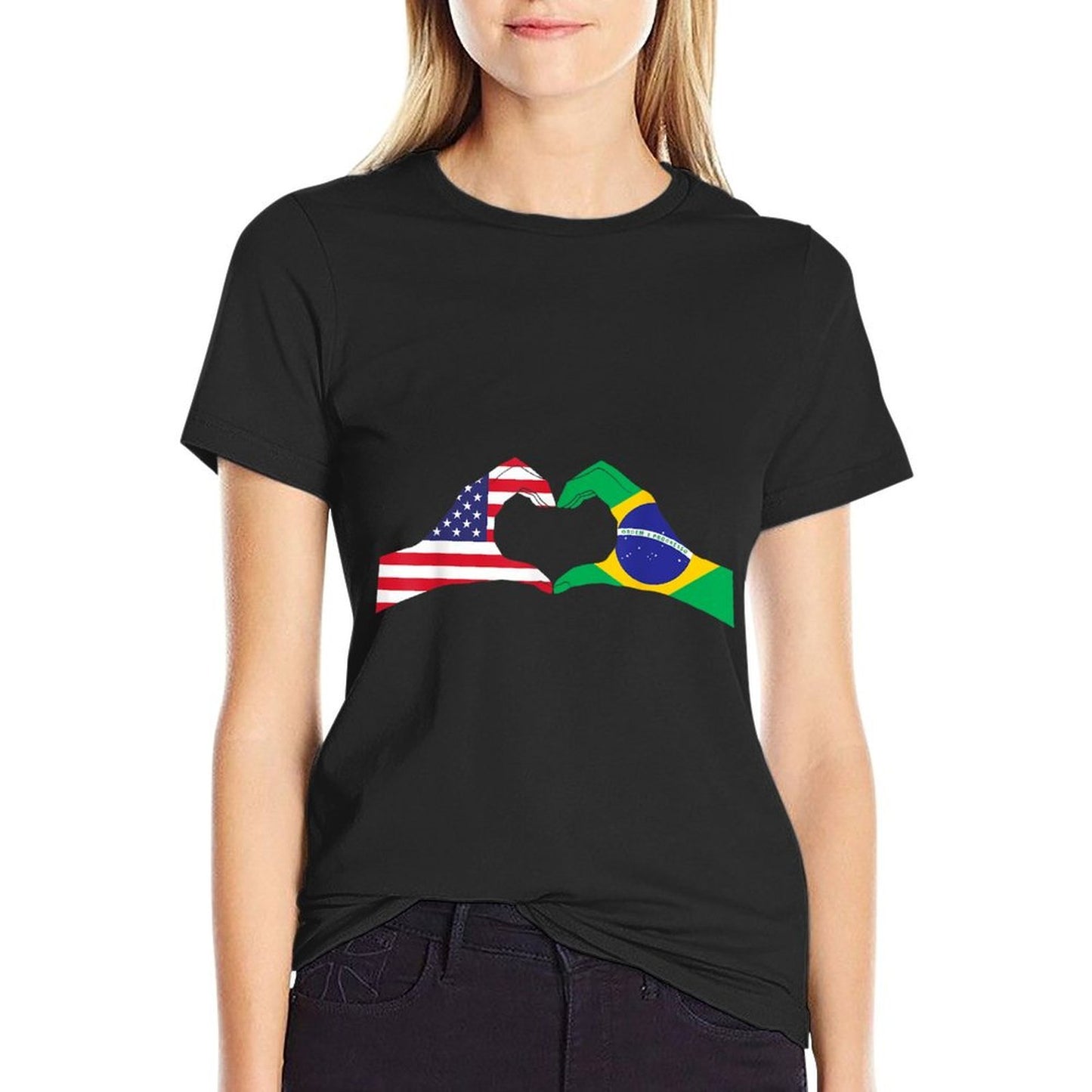 Half Brazilian Half American USA Brazil Culture Patriot Love  Ribbed Collar T-Shirt