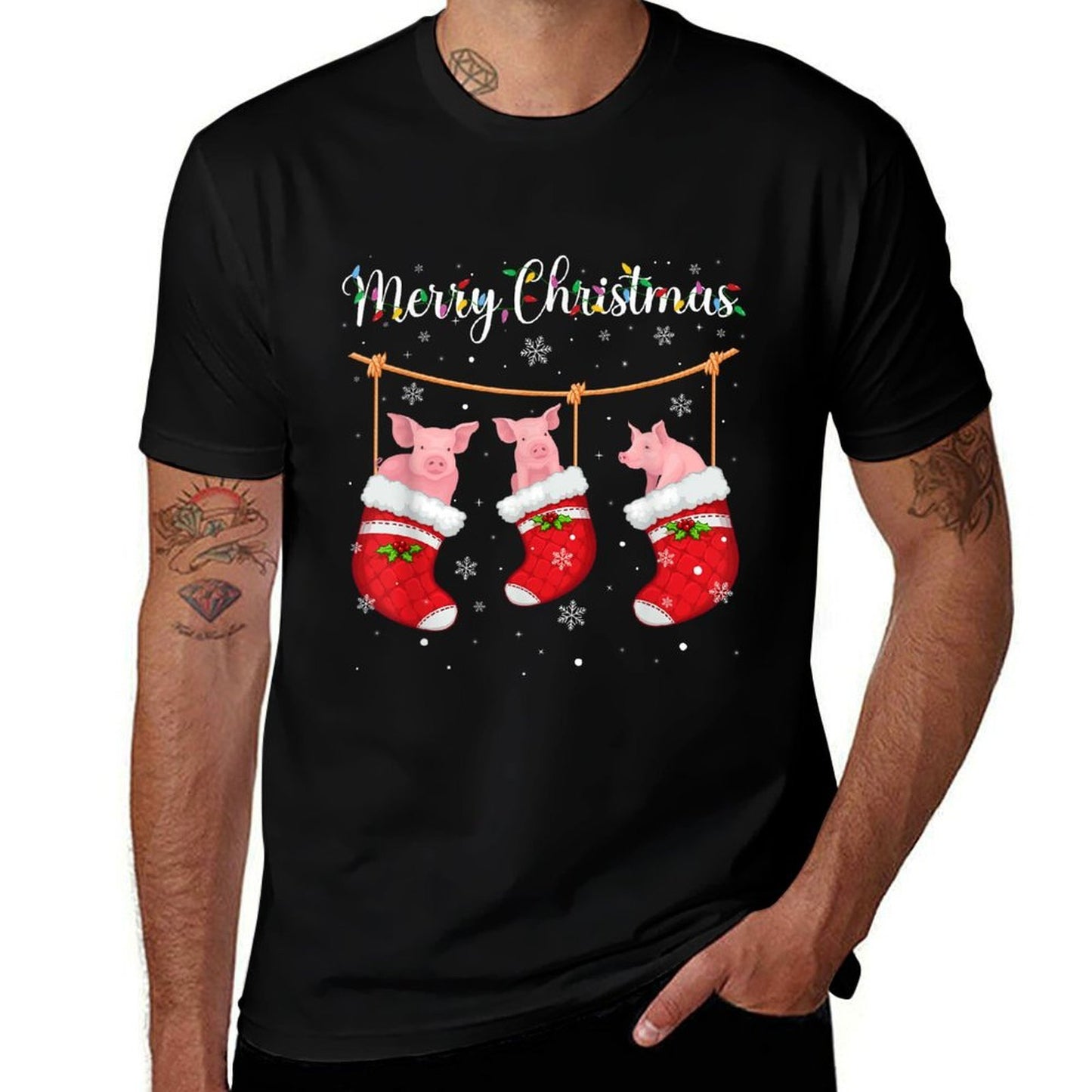 Pig in Xmas Socks Funny Holiday Ugly Sweater Christmas  Stretchy T-Shirt