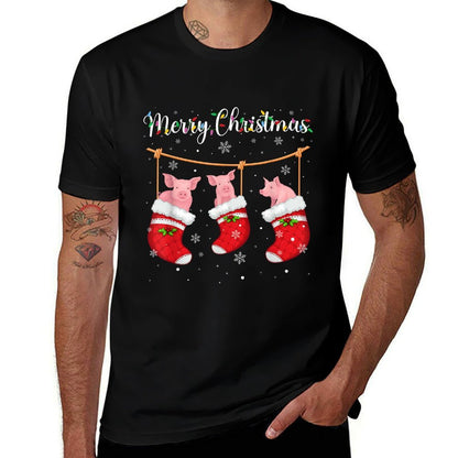 Pig in Xmas Socks Funny Holiday Ugly Sweater Christmas  Stretchy T-Shirt