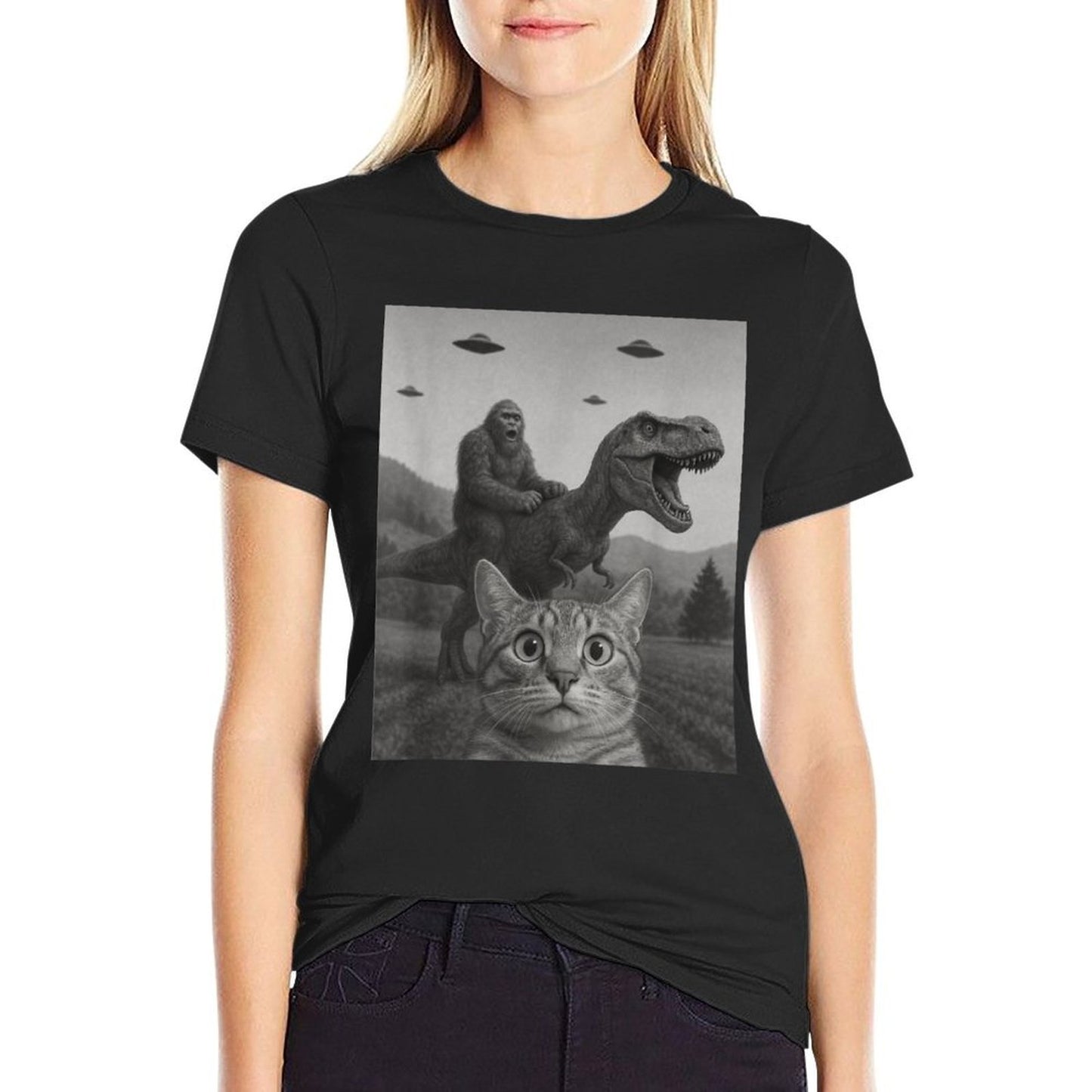 Cat Selfie with Bigfoot Riding T-rex Dinosaur Alien UFO Men Women Kids  Relaxed-fit T-Shirt
