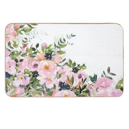 Boho, Floral Watercolor Roses, Pink, White And Green  Non-Slip Bath Mat