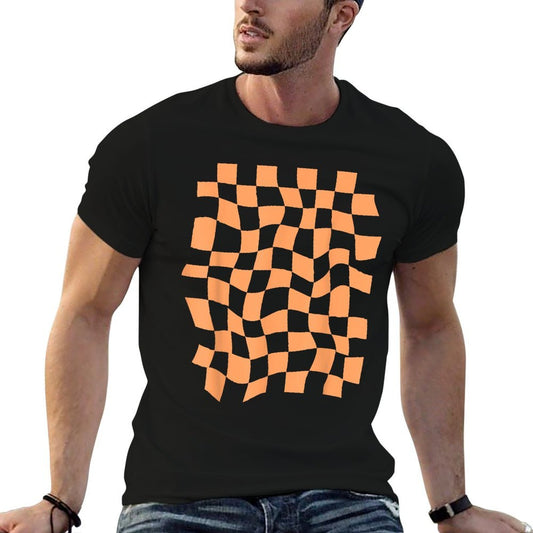 Wavy Checkered Light Orange Checkerboard Pattern  Heathered Texture T-Shirt