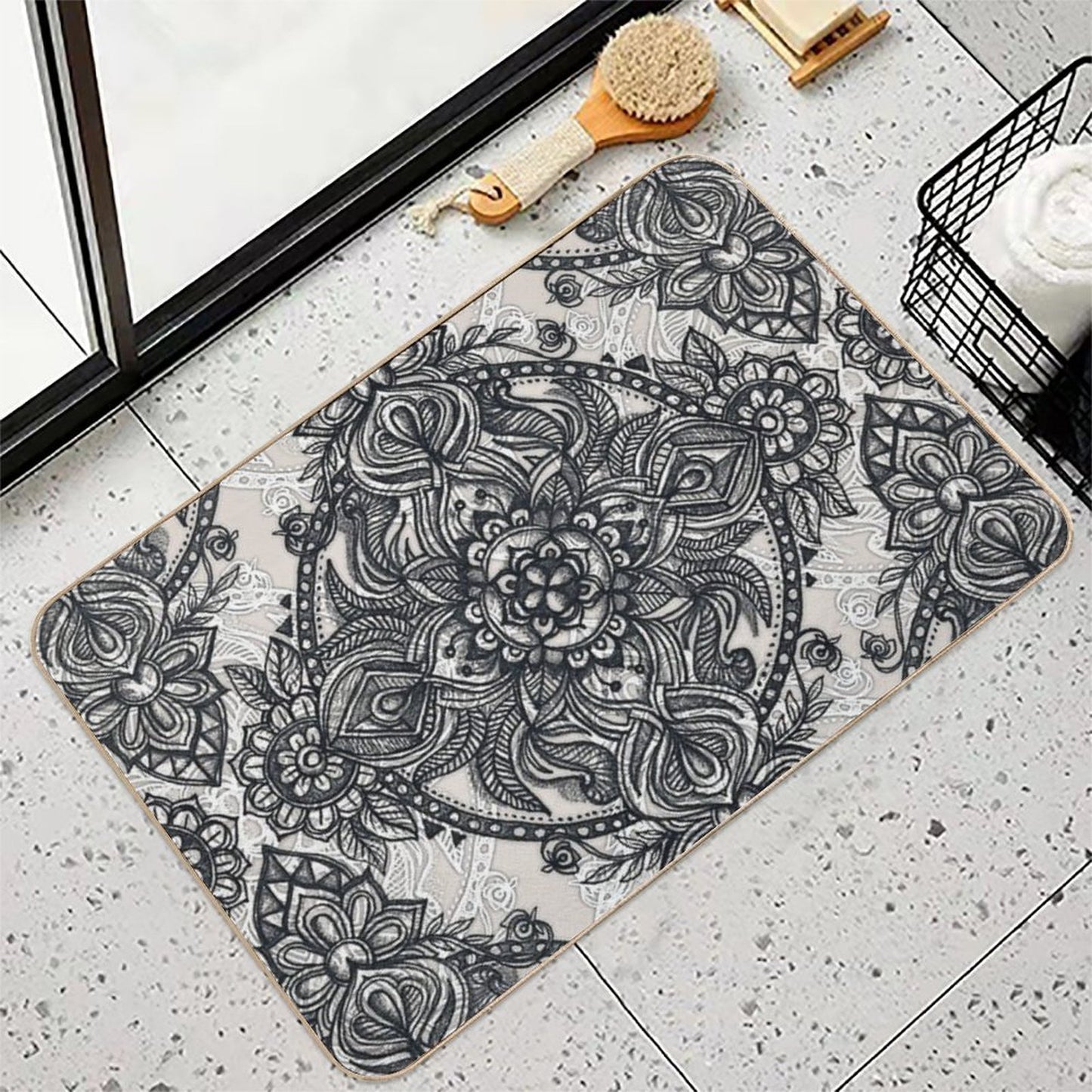 Charcoal Lace Pencil Doodle  Easy Maintenance Bath Mat