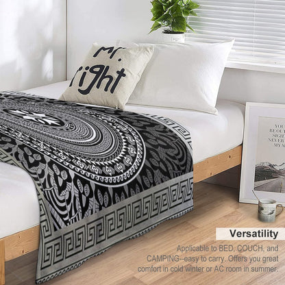 Ornate Baroque Silver Black White Greek Keys Border Gift-ready Throw Blanket