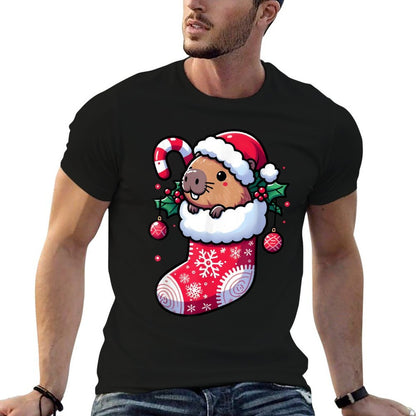Cute Capybara Wearing Santa Hat in Christmas Stocking Pajama  Rolled Sleeves T-Shirt