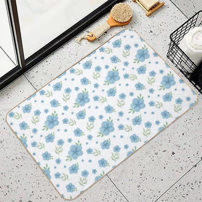 Watercolor Blue Wild Flowers Pattern with White Background  Long-Lasting Bath Mat