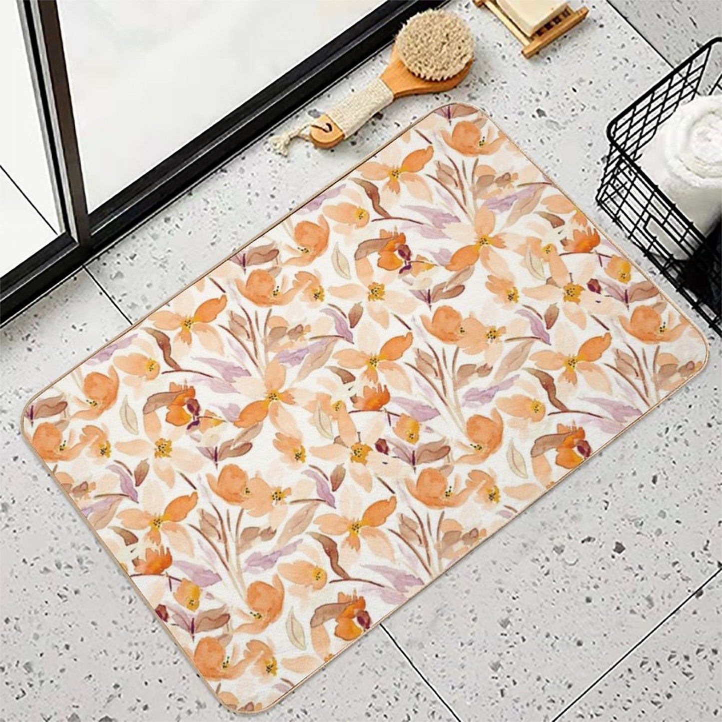 All over Watercolor Farmhouse Florals Yellow And Orange Fall Orange And Lilac  Easy To Clean Bath Mat