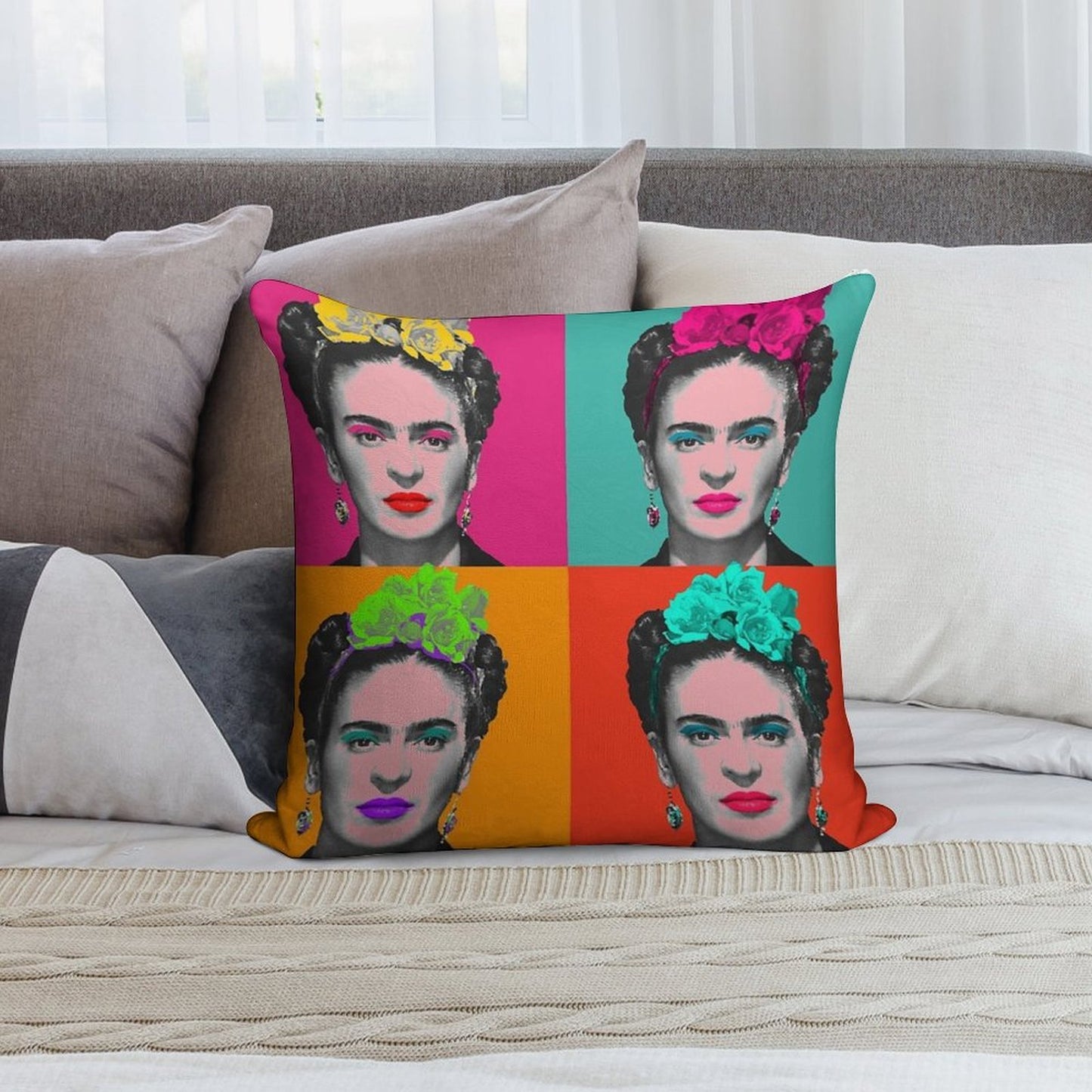 Frida Khalo Pop Portrait Like in Andy Warhol Paint! - Colorful - Digital Paint by Iona Art Digital Soft Luxury Feel Throw Pillow