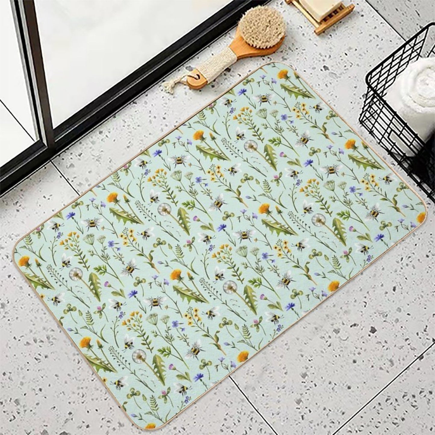 Bees And Wildflowers on Mint  Eco-Friendly Bath Mat