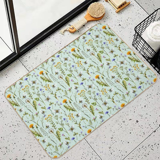 Bees And Wildflowers on Mint  Eco-Friendly Bath Mat
