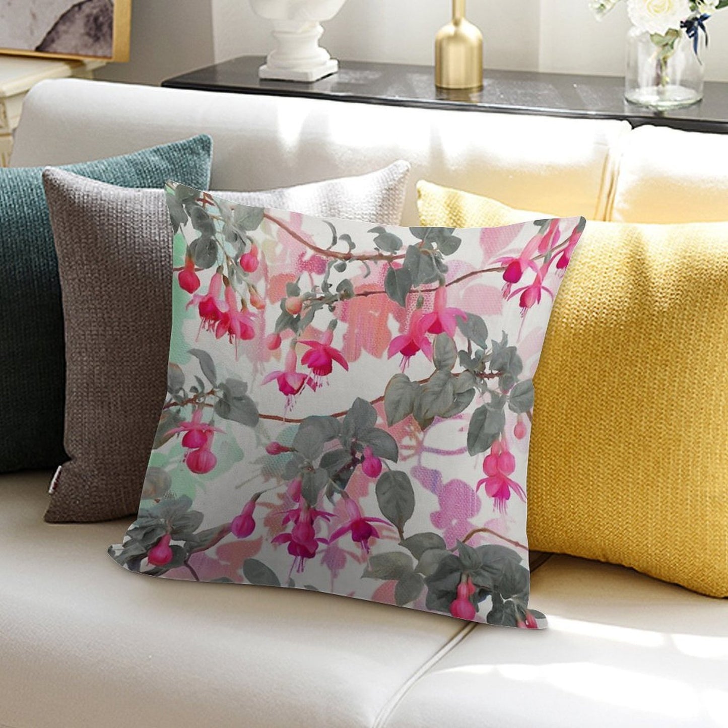 Rainbow Fuchsia Floral Pattern - with Grey Soft Warmth Comfort Throw Pillow