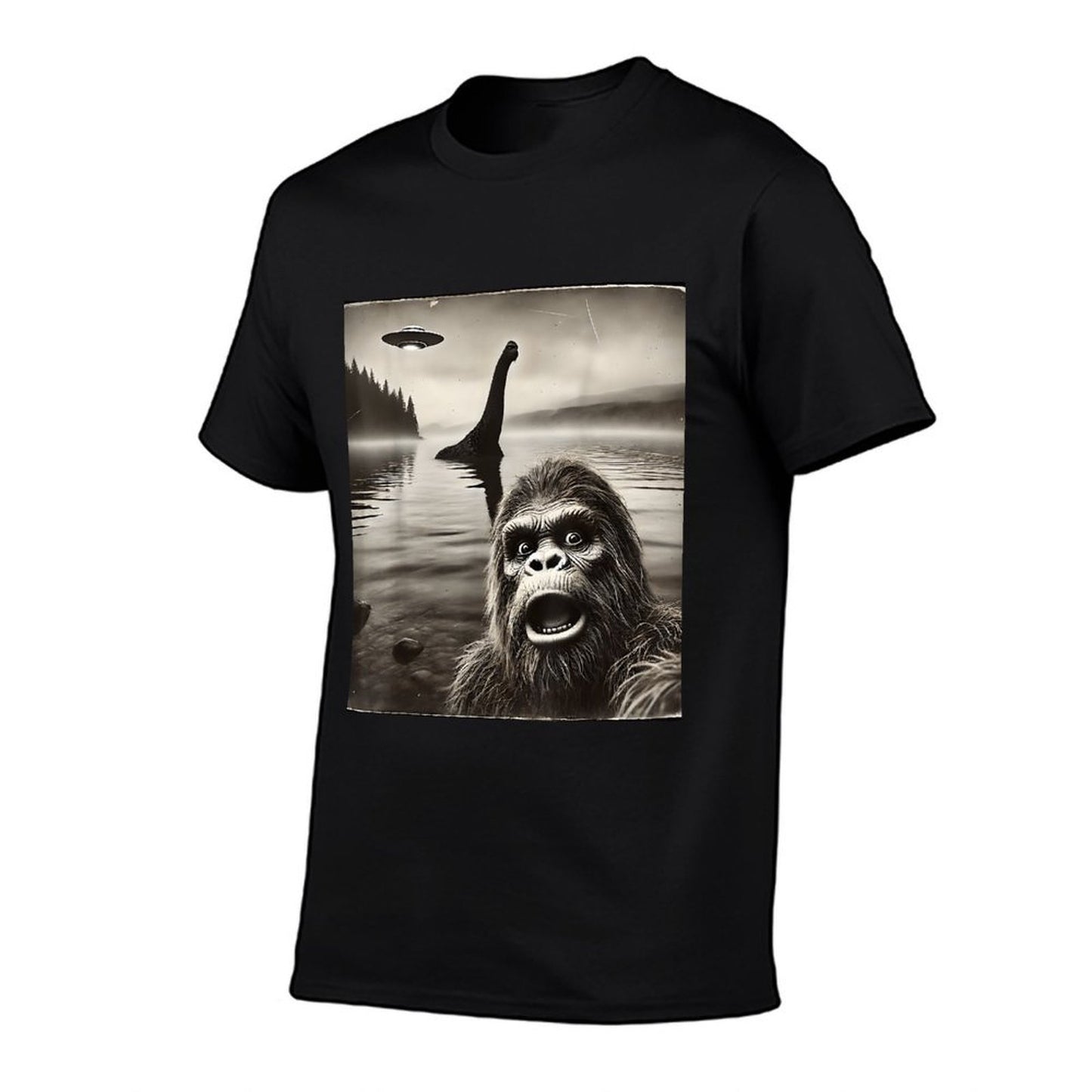 Bigfoot Selfie With Loch Ness Monster And UFO Aliens Graphic  Affordable Price T-Shirt