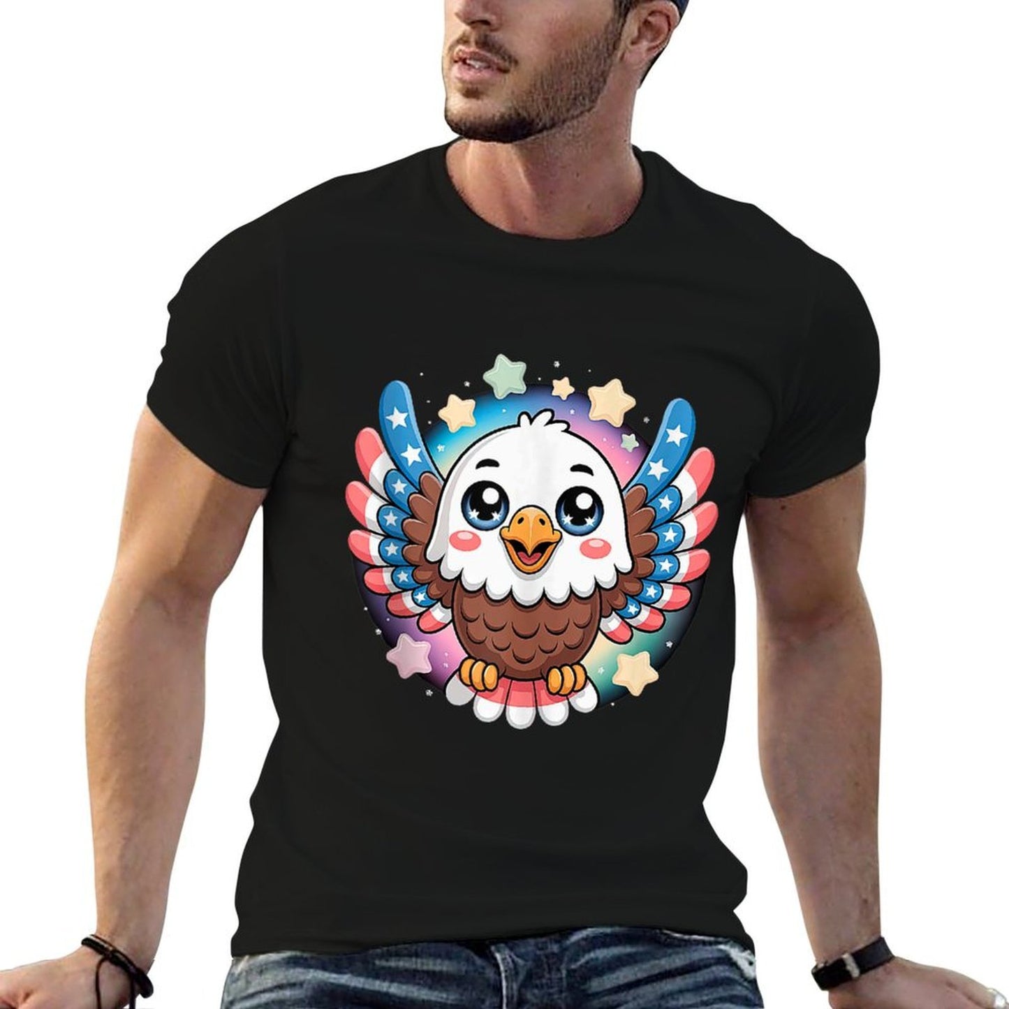 Cute Bald Eagle Kawaii USA Wings 4th of July Kids  Fade-proof Color T-Shirt