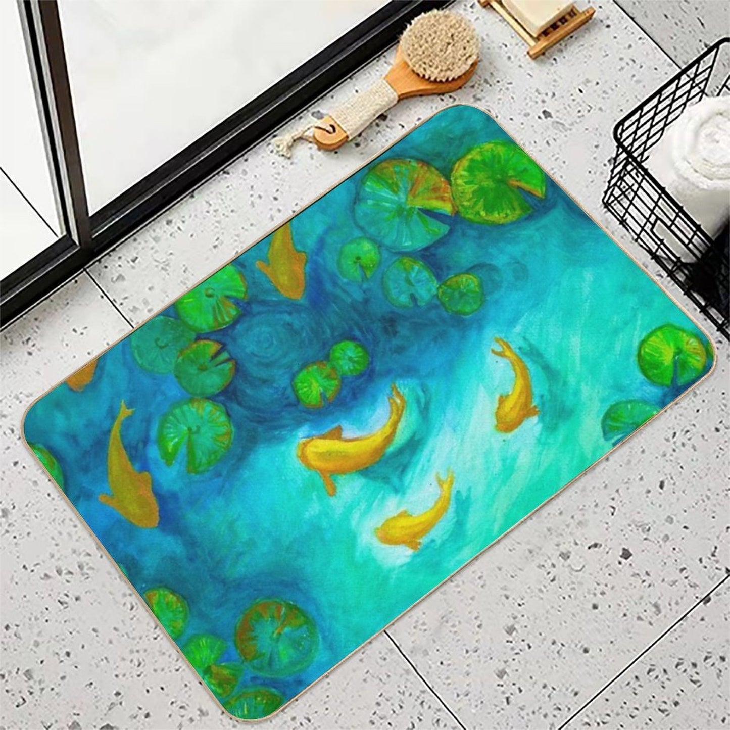 Gold Kois And Water Lily Pads Watercolor Painting  Anti-Trip Bath Mat