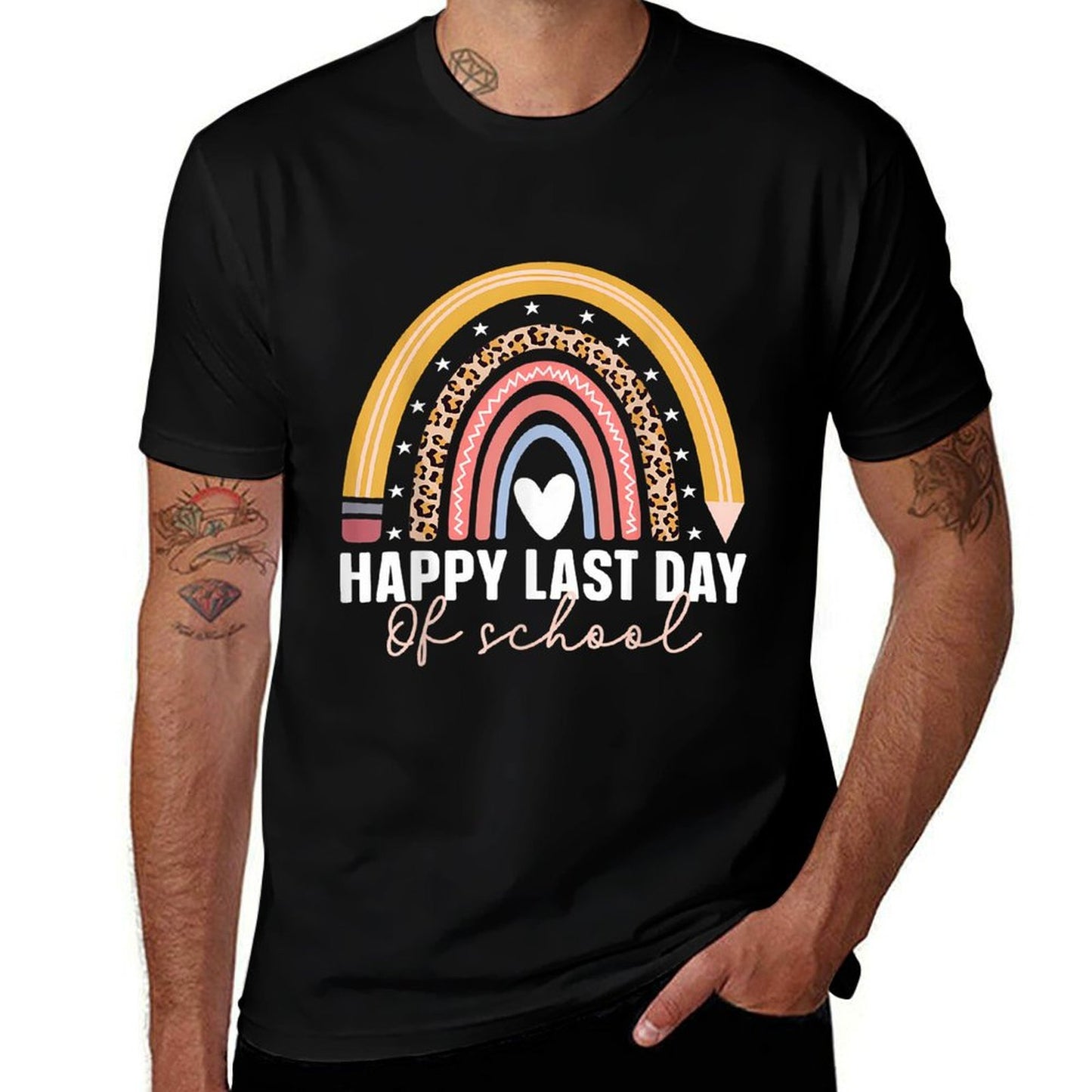 Happy Last Day Of School Rainbow Last Day Teacher  Rolled Sleeves T-Shirt