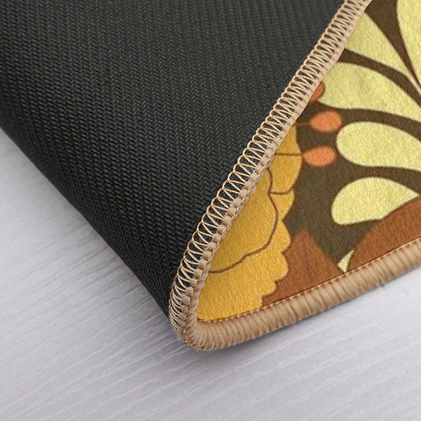 Brown, Yellow, Orange & Ivory Retro Flowers Durable Bath Mat